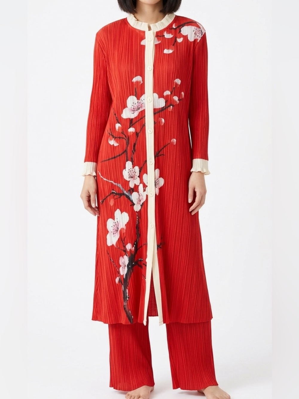 Red Pleated 2pc Cherry Blossom Mikake Butterfly Crepe Kaftan Pants Kurta Pajama